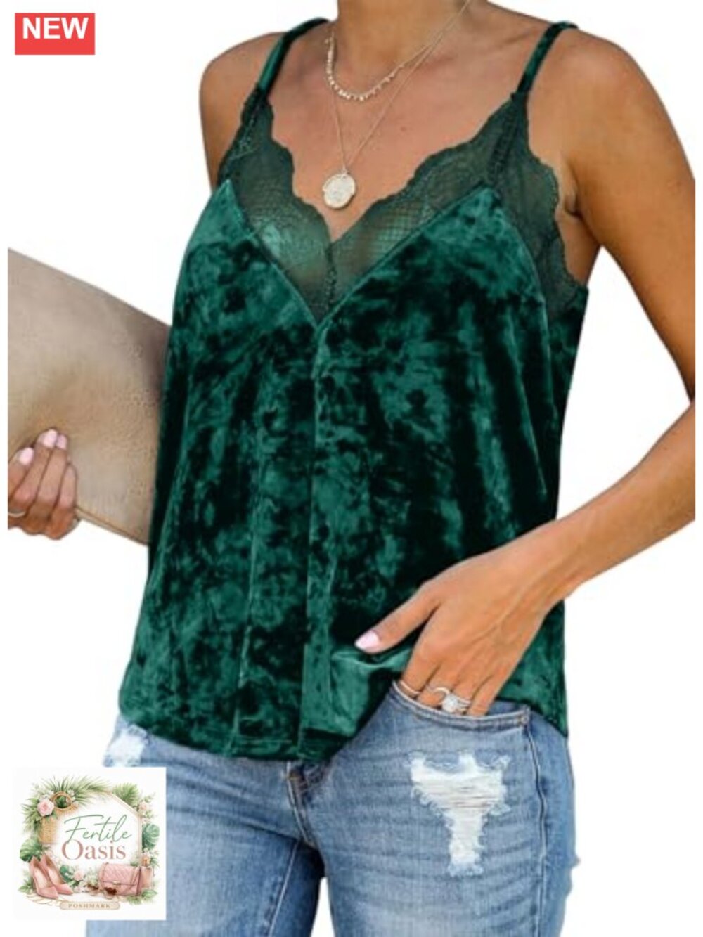 Women's Velvet Lace Trim Adjustable Strap Cami Tank Top Sleeveless V-Neck Blouse